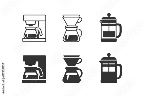 Coffee maker icons: drip, pour over, and french press variants in black and white.