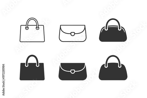 Collection of minimalist handbag and clutch icons in black and white.