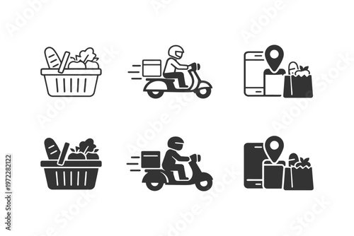 Grocery delivery icons: basket, scooter, mobile location symbols.