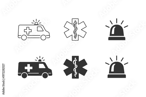 Ambulance and medical symbols set with emergency icons.