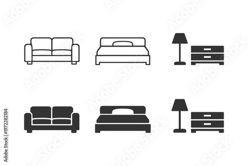 Furniture icons: sofa, bed, lamp, nightstand in minimalist design.