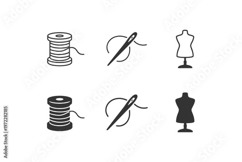 Sewing icons: spool, needle, mannequin in two color variations.