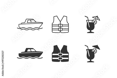 Nautical icons set: boat, life jacket, cocktail for beach and summer themes.