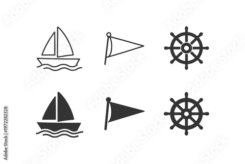 Nautical icon set featuring sailboat, flag, and ship wheel illustrations.