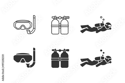 Diving equipment icons: snorkel, tanks, diver illustrations.