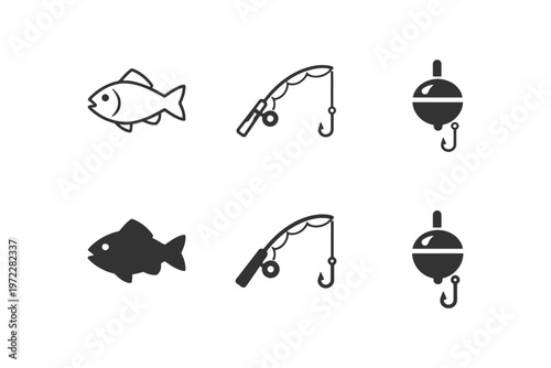 Fishing gear icons: fish, rod, and float silhouettes in black and white.