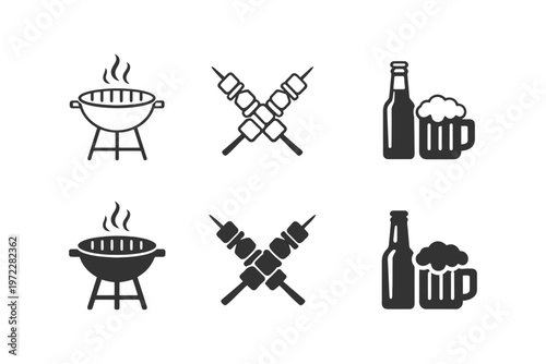 Barbecue grills skewers beer bottles mugs icons set.