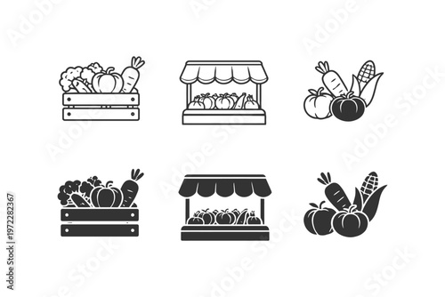 Collection of vegetable icons featuring stalls and produce crates.