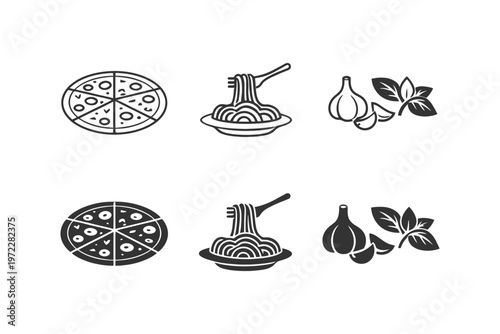 Black and white icons of pizza, pasta, garlic, and basil for italian cuisine.