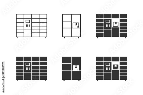 Set of parcel locker icons in simple black and white style.