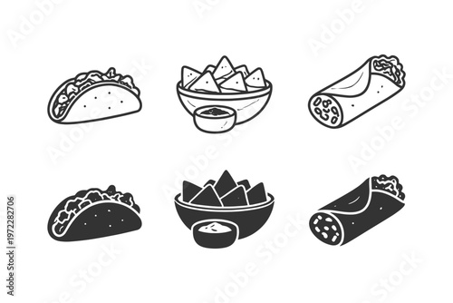 Monochrome illustrations of tacos, nachos, and burritos in various styles.