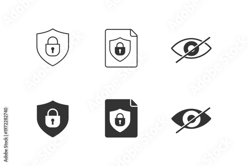 Privacy and security icons: shield, lock, document, eye symbols for data protection.