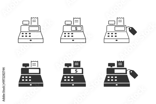 Six iconic cash register illustrations with receipts and tags.