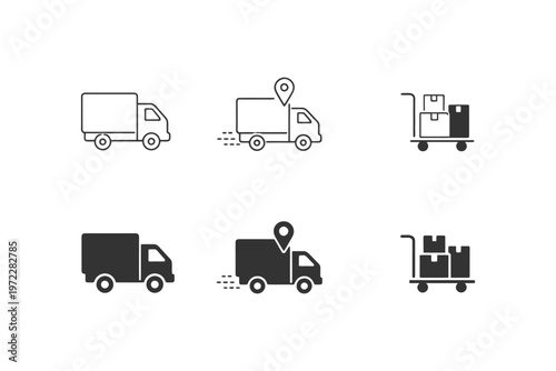 Delivery and logistics icons: truck, location pin, luggage cart symbols.