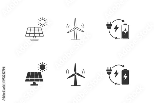 Renewable energy icons set featuring solar panels wind turbines and energy storage.
