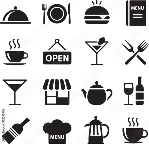 Collection of black and white icons representing various food and beverage services