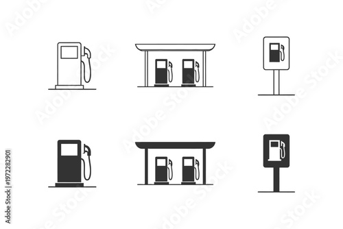 Minimalist gas station icons set with fuel pump designs on white background.