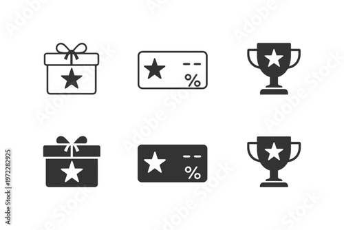 Gift box, discount voucher, trophy cup icons set.