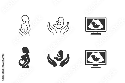 Pregnancy icons: female silhouettes, baby ultrasound, hands cradling, medical display.