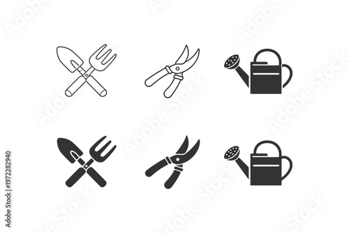 Gardening tools icons: shovel, fork, pruning shears, watering can.