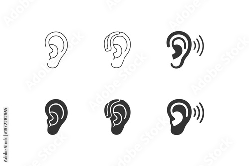 Ear icon set: simple and bold hearing symbols in various styles.