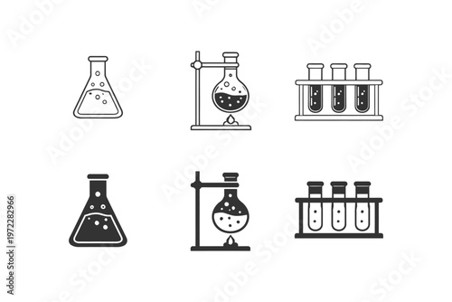 Chemistry lab equipment icons: beakers, test tubes, and flasks.