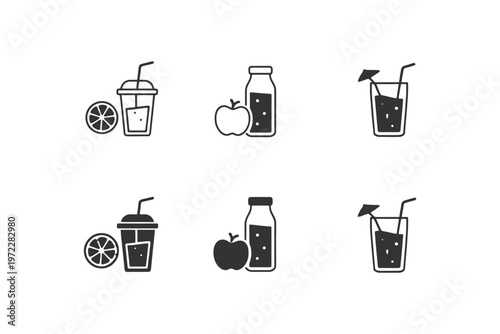 Minimalistic icons of juice and fruit compositions in black and white.