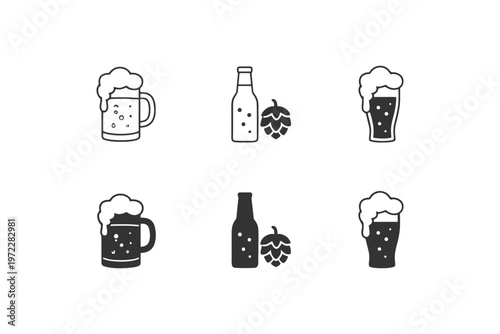 Collection of beer icons with mugs, bottles, and hops in black and white.