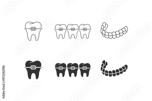 Orthodontic braces and aligner icons - vector tooth illustrations.
