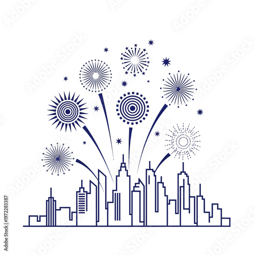 Fireworks exploding over city skyline.