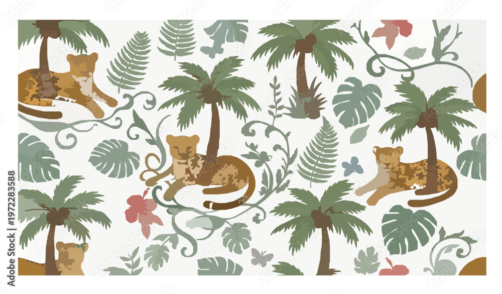 Fototapeta premium Jungle Leopard Seamless Pattern Tropical Palm Indian Textile Vector