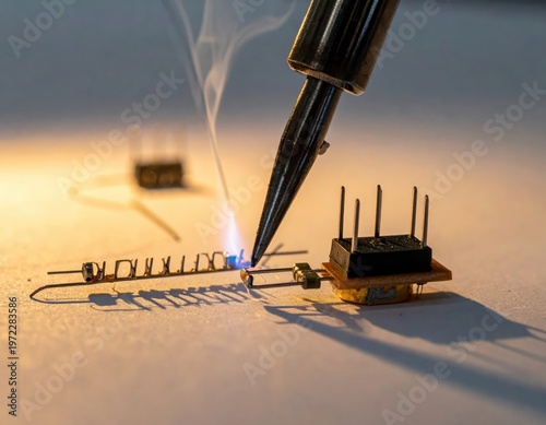 Close up of soldering iron tip with blue flame and smoke heating electronic component