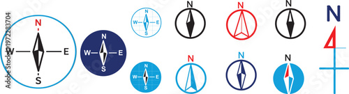vector EPS  Compass icon set .Compass north arrow navigation icons set with N label, line. For use for map, travel, UI graphics.