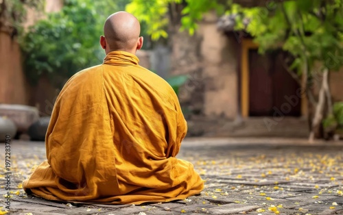Peaceful Monk Shaving Head in Tranquil Stone Courtyard Scene