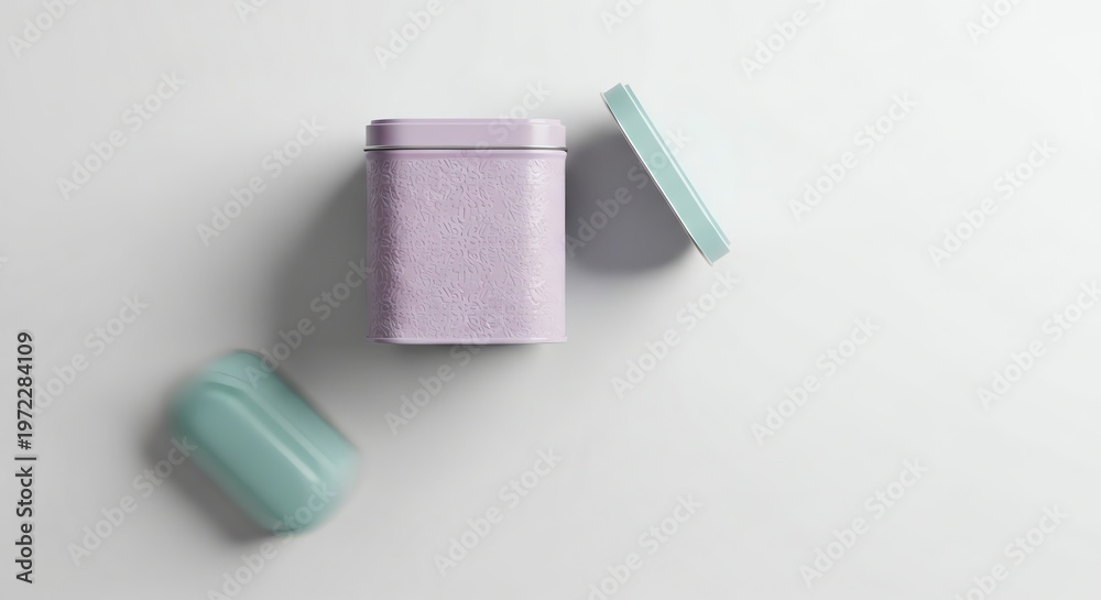 Obraz premium Top view of pastel-colored storage boxes on a white surface 