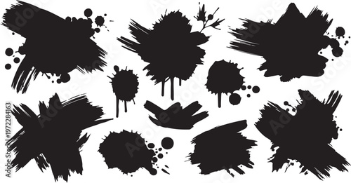 Black paint splatters on white background illustration set