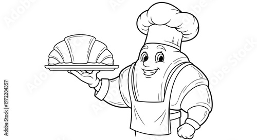 A cheerful cartoon chef holding croissant.