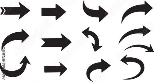 Collection of various black arrows on white background