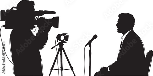 Silhouette of journalist interviewing man on camera live