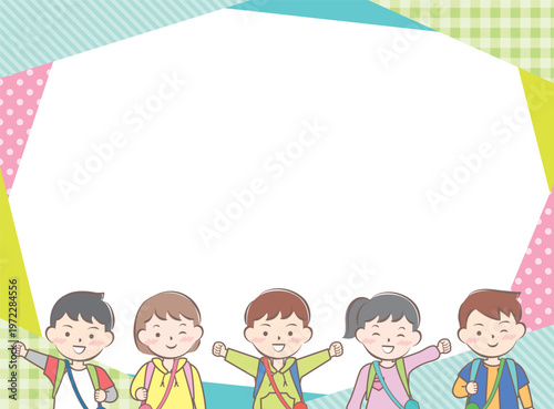 リュックを背負った子供たちのフレーム　遠足