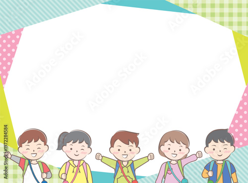 リュックを背負った子供たちのフレーム　遠足