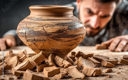 Potter Staring at Shattered Clay Vase on Ground with Fragments
