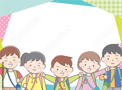 リュックを背負った子供たちのフレーム　遠足