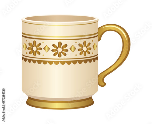 Elegant ornamental metal mug with gold floral patterns and decorative handle vector illustration