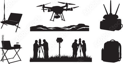 Silhouette icons of outdoor adventure travel equipment