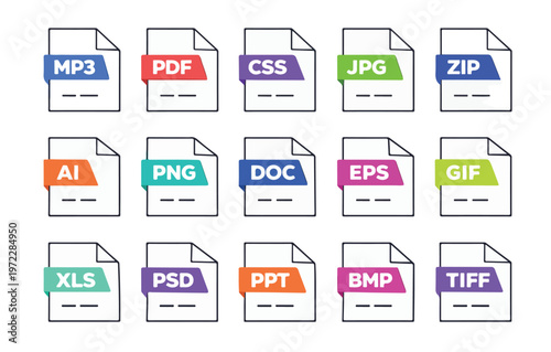 Colorful File Format Icon Set PDF JPG PNG DOC AI EPS PSD Vector