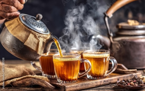 Vendor Pouring Steaming Tea into Glass Cups on Wooden Table