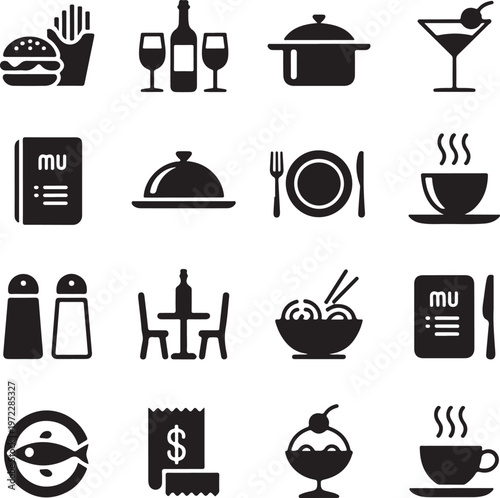 Collection of diverse food and dining icons representing various culinary themes