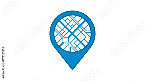 Blue Location Pin with Map Grid Icon on Isolated White Background