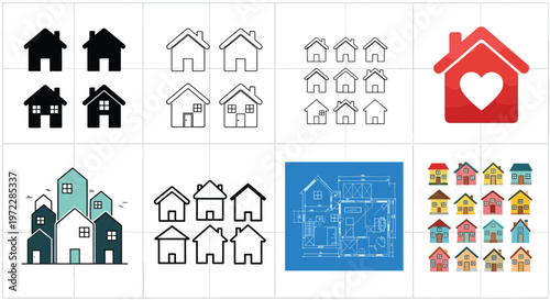 House Vector Set with Different Designs, Blueprints, and Heart-Themed Homes for Real Estate, Architecture, and Home Illustrations